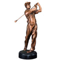 11-1/2 INCH MALE GOLFER FOLLOW THROUGH SWING TROPHY ELECTROPLATED BRONZE ON BLACK BASE