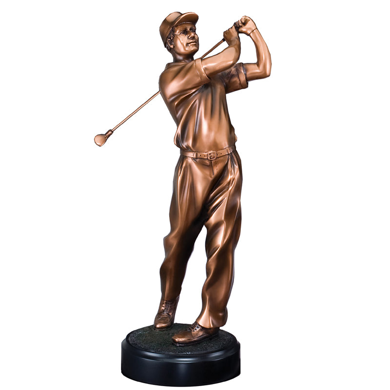 11-1/2 INCH MALE GOLFER FOLLOW THROUGH SWING TROPHY ELECTROPLATED BRONZE ON BLACK BASE