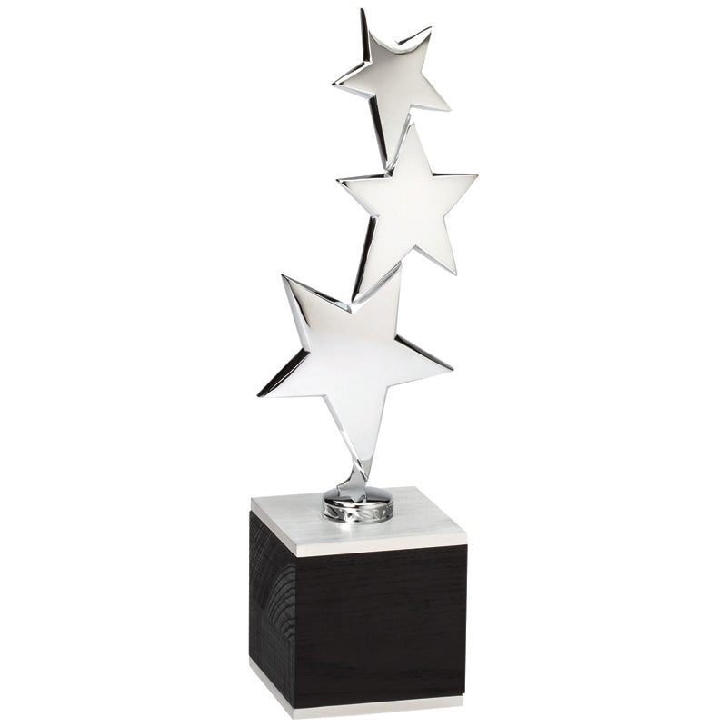 11-1/4 INCH BRIGHT SILVER DIE CAST METAL THREE STARS TROPHY