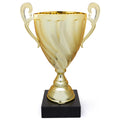 11-1/4 INCH ITALIAN GOLD TROPHY CUP WITH SWIRL PATTERN ON BLACK MARBLE BASE