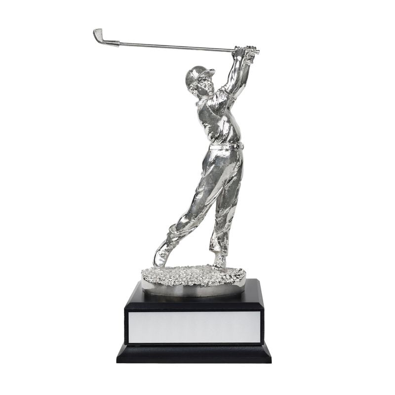 11 INCH ELECTROPLATED BRIGHT SILVER FIGURE GOLF TROPHY