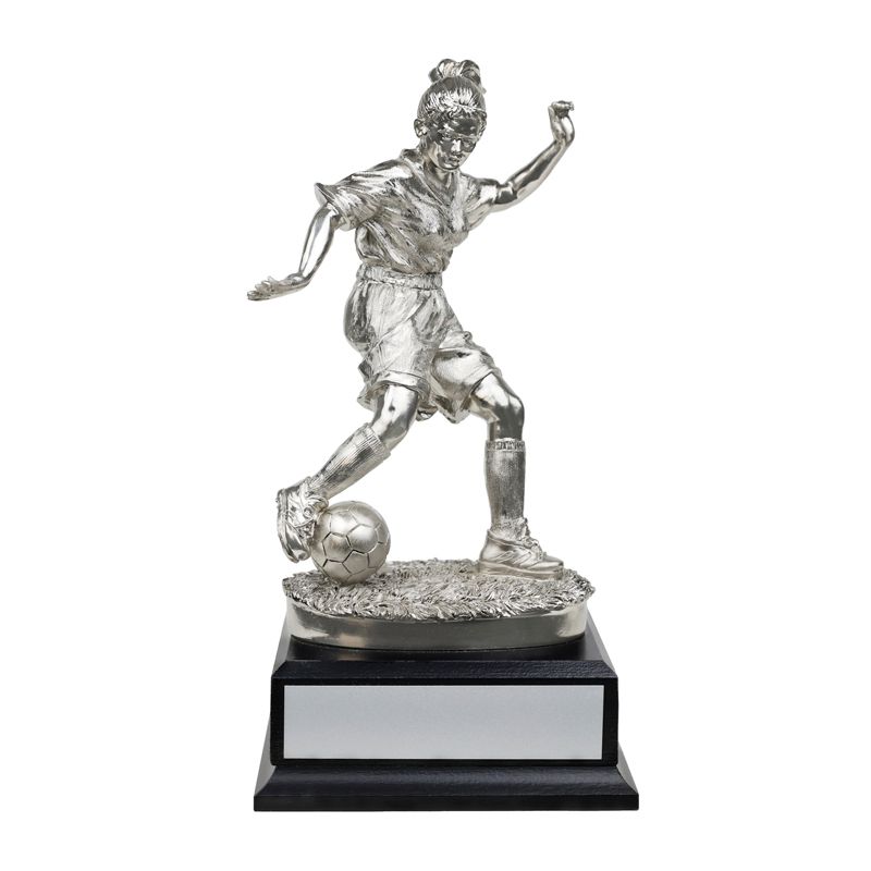 11 INCH ELECTROPLATED SILVER FEMALE FIGURE SOCCER TROPHY