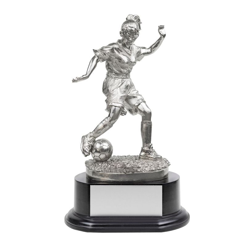 11 INCH ELECTROPLATED SILVER SOCCER FEMALE FIGURE TROPHY