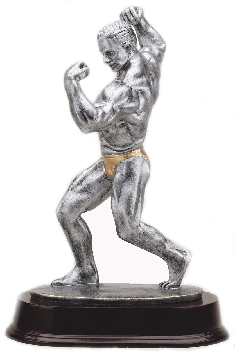 11 INCH MALE BODY BUILDER ANTIQUE SILVER FINISH TROPHY