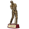 11 INCH MALE GOLFER TROPHY ANTIQUE GOLD RESIN ON ROSEWOOD BASE