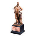 11 INCH MALE GOLFER WITH GOLF BAG TROPHY ELECTROPLATED BRONZE ON BLACK BASE WITH COPPER ENGRAVING PLATE