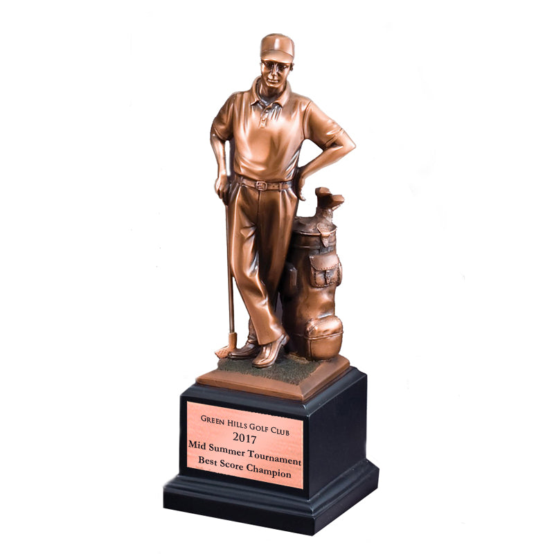 11 INCH MALE GOLFER WITH GOLF BAG TROPHY ELECTROPLATED BRONZE ON BLACK BASE WITH COPPER ENGRAVING PLATE