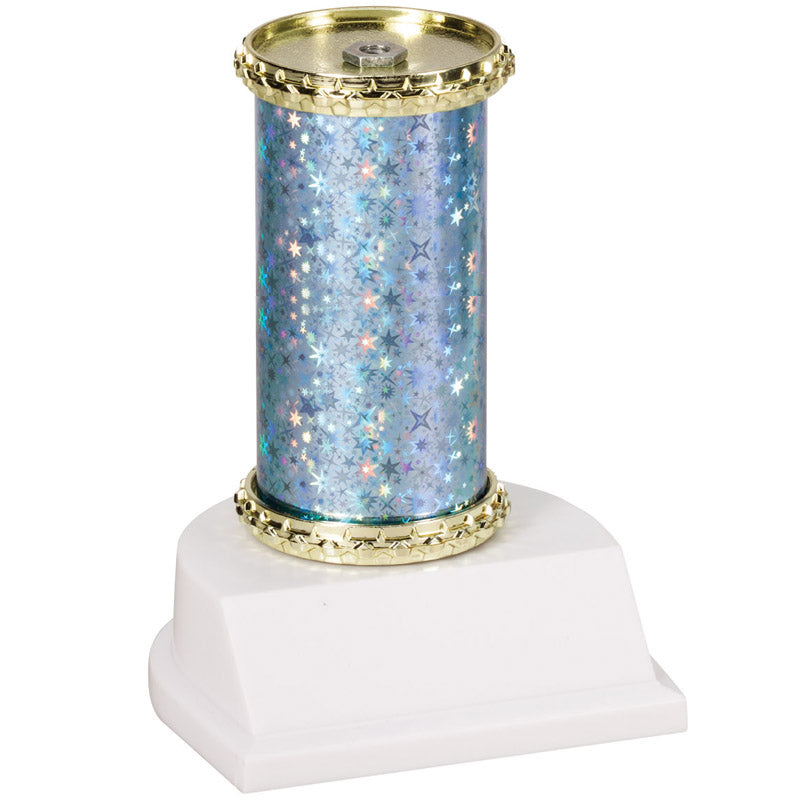 11 INCH STAR SPARKLE COLUMN TROPHY LIGHT BLUE & GOLD SYNTHETIC WHITE BASE