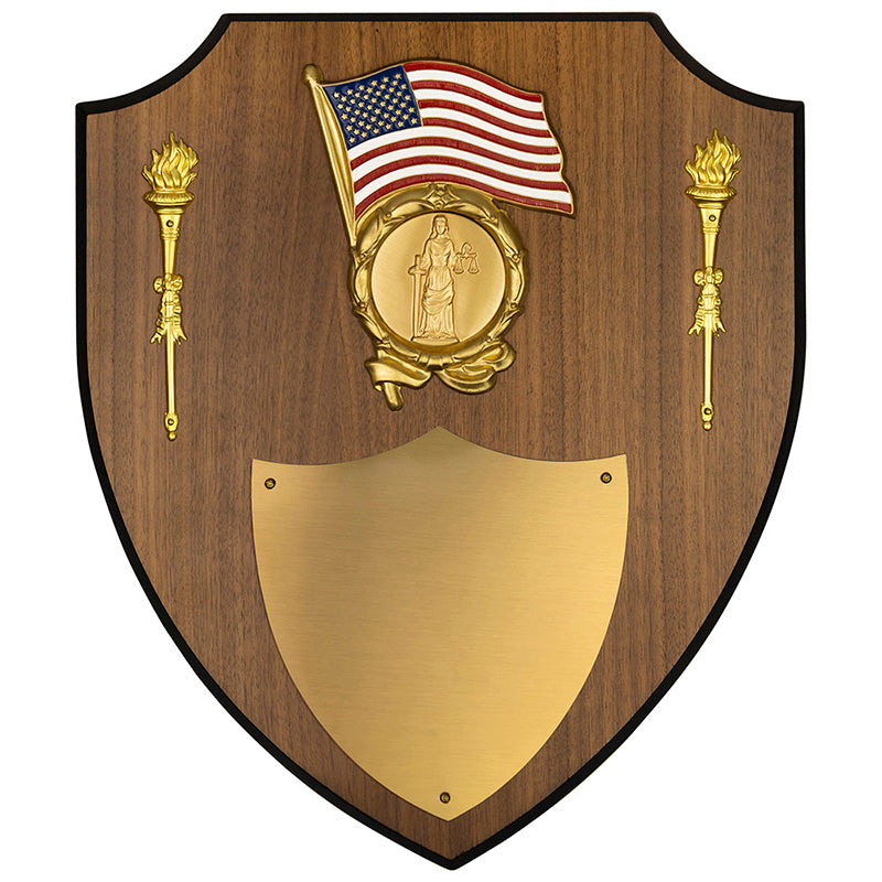 11 X 13 INCH AMERICAN FLAG WALNUT VENEER SHIELD PLAQUE WITH METAL TORCHES