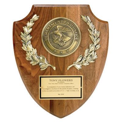 10 X 12 INCH GENUINE WALNUT DEPARTMENT OF JUSTICE SHIELD WITH 4 INCH MEDALLION