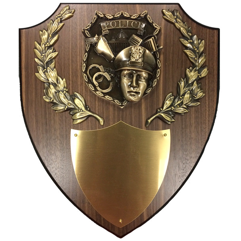 11 X 13 INCH POLICE OFFICER PLAQUE WALNUT VENEER SHIELD WITH HIGH RELIEF POLICE CASTING