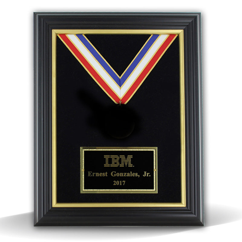 11 X 14 INCH BLACK FRAME GOLD TRIM HANGING MEDAL WITH RIBBON WALL PLAQUE