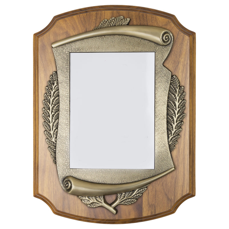 11 X 15 INCH GENUINE WALNUT SHIELD PLAQUE WITH SUBLIMATED PLATE