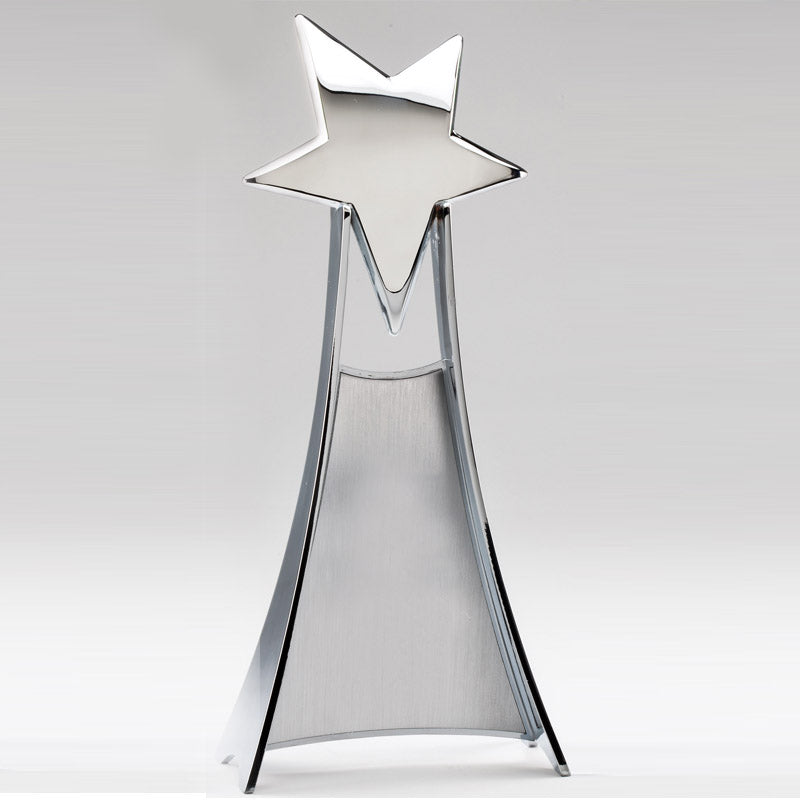 11 x 4-3/4 INCH SHOOTING STAR TOWER TROPHY BRIGHT SILVER FINISH METAL SATIN SILVER ENGRAVING AREA