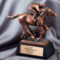 12-1/2 INCH ANTIQUE BRONZE FINISH JOCKEY TROPHY ON BLACK WOOD BASE