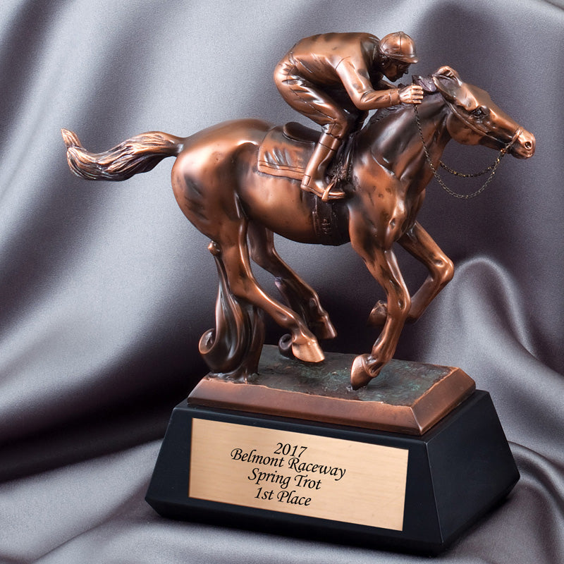12-1/2 INCH ANTIQUE BRONZE FINISH JOCKEY TROPHY ON BLACK WOOD BASE