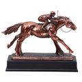 12-1/2 INCH ANTIQUE BRONZE FINISH JOCKEY TROPHY ON BLACK WOOD BASE