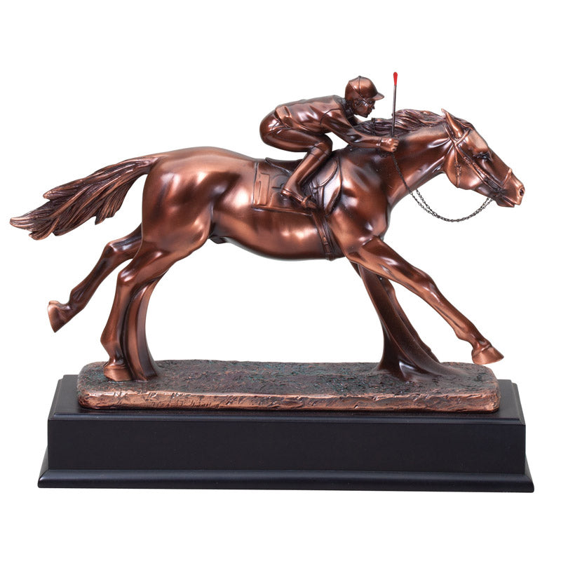12-1/2 INCH ANTIQUE BRONZE FINISH JOCKEY TROPHY ON BLACK WOOD BASE