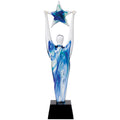 12-1/2 INCH ART BLOWN GLASS SCULPTURE FIGURE WITH STAR ON A BLACK BASE