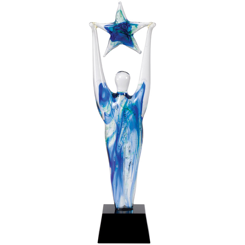 12-1/2 INCH ART BLOWN GLASS SCULPTURE FIGURE WITH STAR ON A BLACK BASE