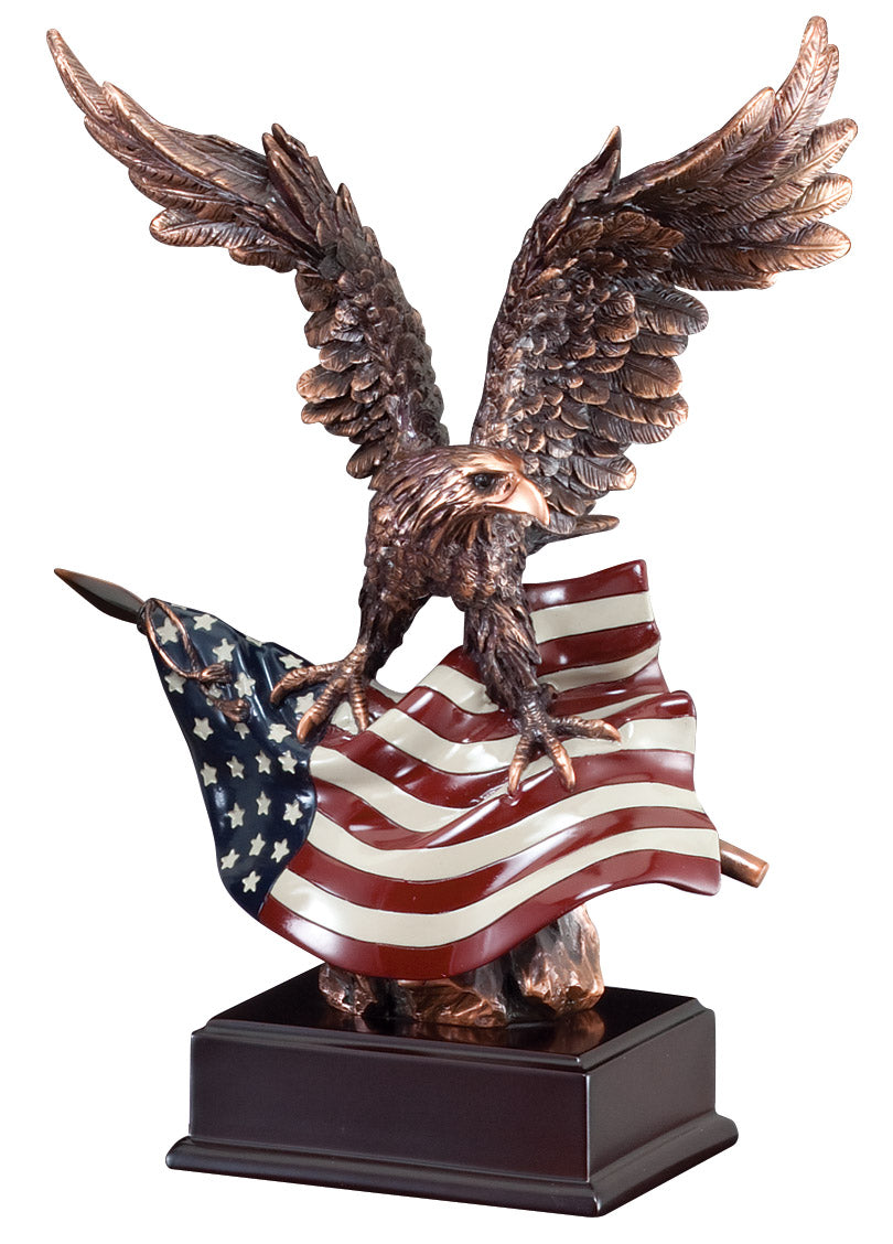 12-1/2 INCH ELECTROPLATED BRONZE EAGLE WITH PAINTED AMERICAN FLAG TROPHY ON BLACK BASE