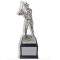 12-1/2 INCH HEIGHT ELECTROPLATED ANTIQUE SILVER BASEBALL PLAYER TROPHY ON WALNUT FINISH BASE