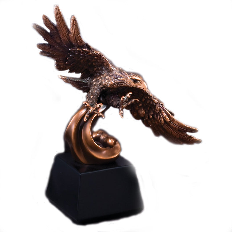 12-1/4 INCH ELECTROPLATED ANTIQUE BRONZE SOARING EAGLE TROPHY ON BLACK BASE