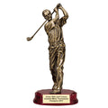 12-1/4 INCH MALE GOLFER TROPHY ANTIQUE GOLD RESIN ON ROSEWOOD BASE