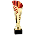 12-3/4 INCH GOLD AND RED PLASTIC TROPHY CUP ON A BLACK MARBLE BASE