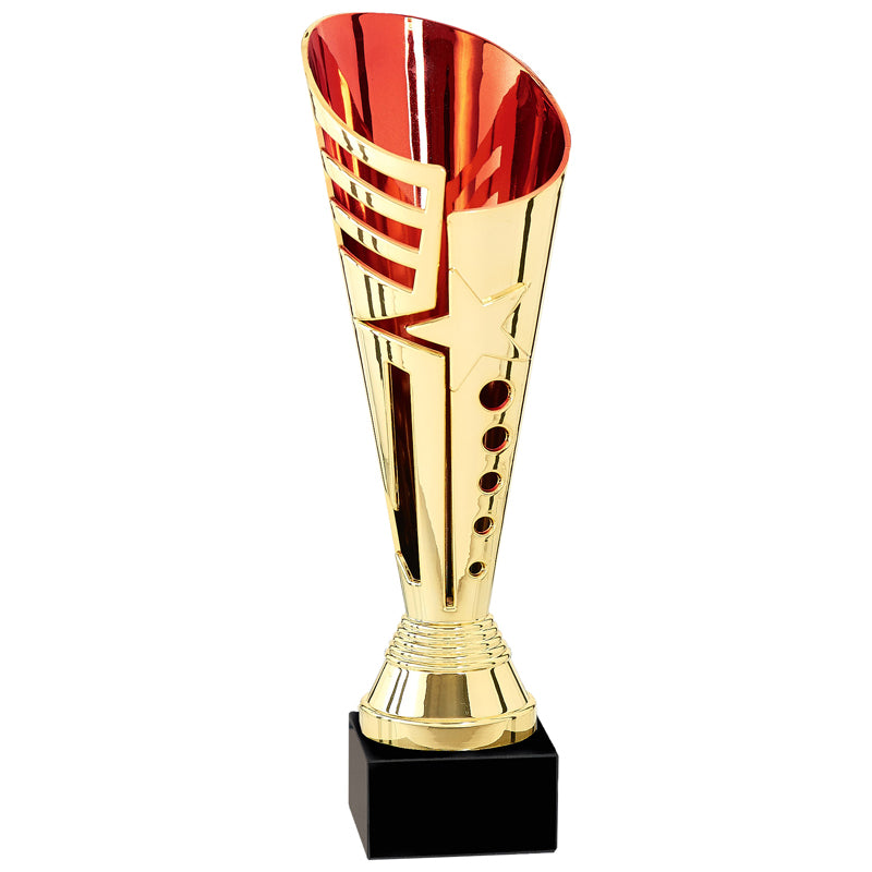 12-3/4 INCH GOLD AND RED PLASTIC TROPHY CUP ON A BLACK MARBLE BASE