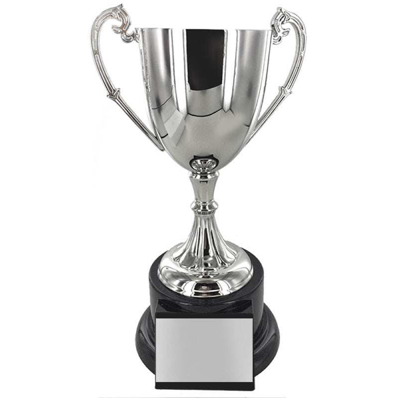 12-3/4 INCH NICKEL PLATED POLISHED SILVER TROPHY CUP ON BLACK BASE