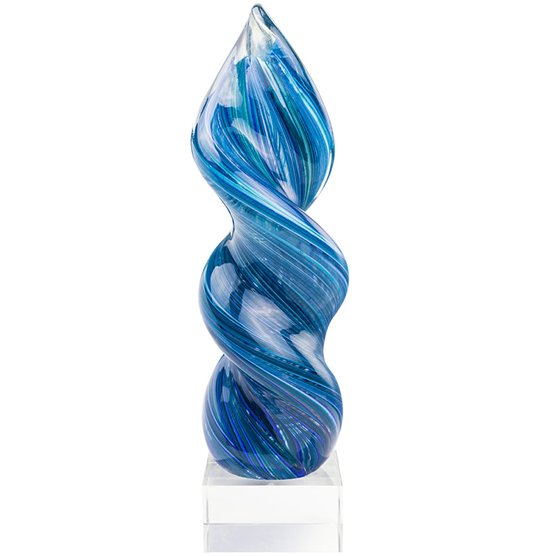 12-1/4 INCH ART SCULPTURE BLUE AND TEAL SWIRL TOWER BLOWN GLASS