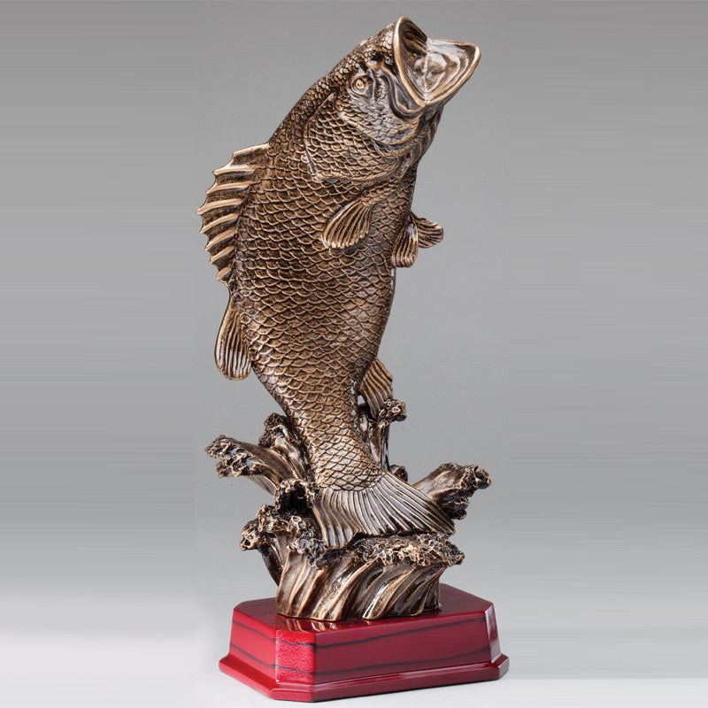12 INCH ANTIQUE BASS TROPHY ANTIQUE BRASS RESIN FINISH ON ROSEWOOD BASE