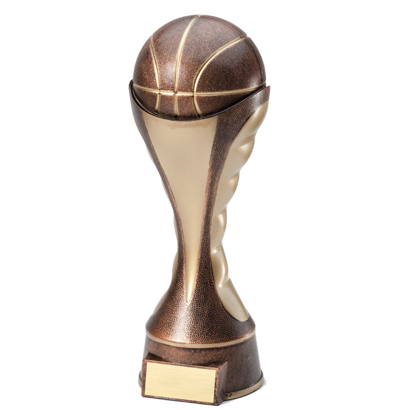 12 INCH BASKETBALL SCULPTED HEAVY WEIGHTED PLASTIC TROPHY TWO-TONE ANTIQUE GOLD FINISH