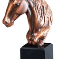 12 INCH ANTIQUE BRONZE ELECTROPLATED HORSE HEAD TROPHY ON BLACK WOOD BASE