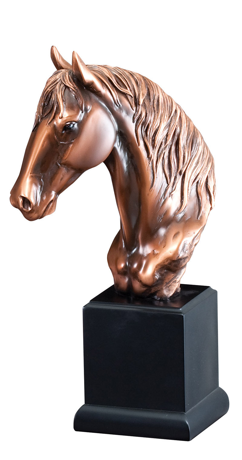 12 INCH ANTIQUE BRONZE ELECTROPLATED HORSE HEAD TROPHY ON BLACK WOOD BASE