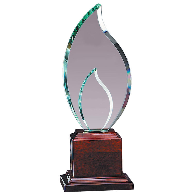 12 INCH DOUBLE FLAME GLASS AWARD ON A PIANO FINISH ROSEWOOD BASE