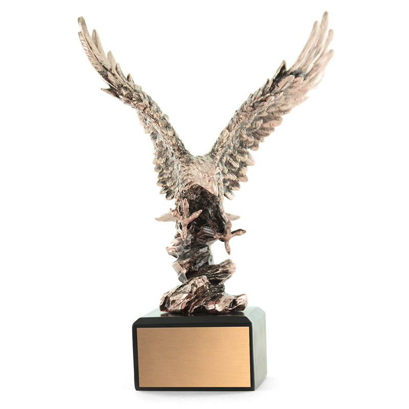 12 INCH ELECTROPLATED ANTIQUE BRASS ATTACKING EAGLE TROPHY