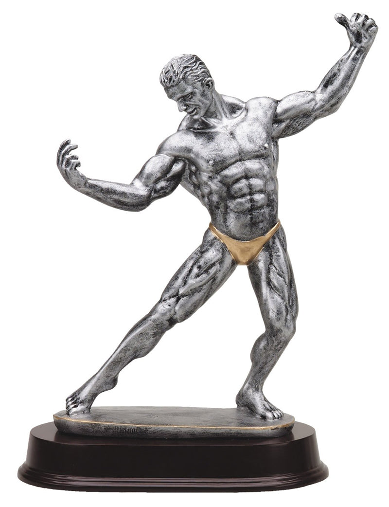 12 INCH MALE BODY BUILDER ANTIQUE SILVER FINISH TROPHY