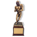 12 INCH HEIGHT ELECTROPLATED ANTIQUE BRASS FOOTBALL PLAYER TROPHY ON WALNUT FINISH BASE