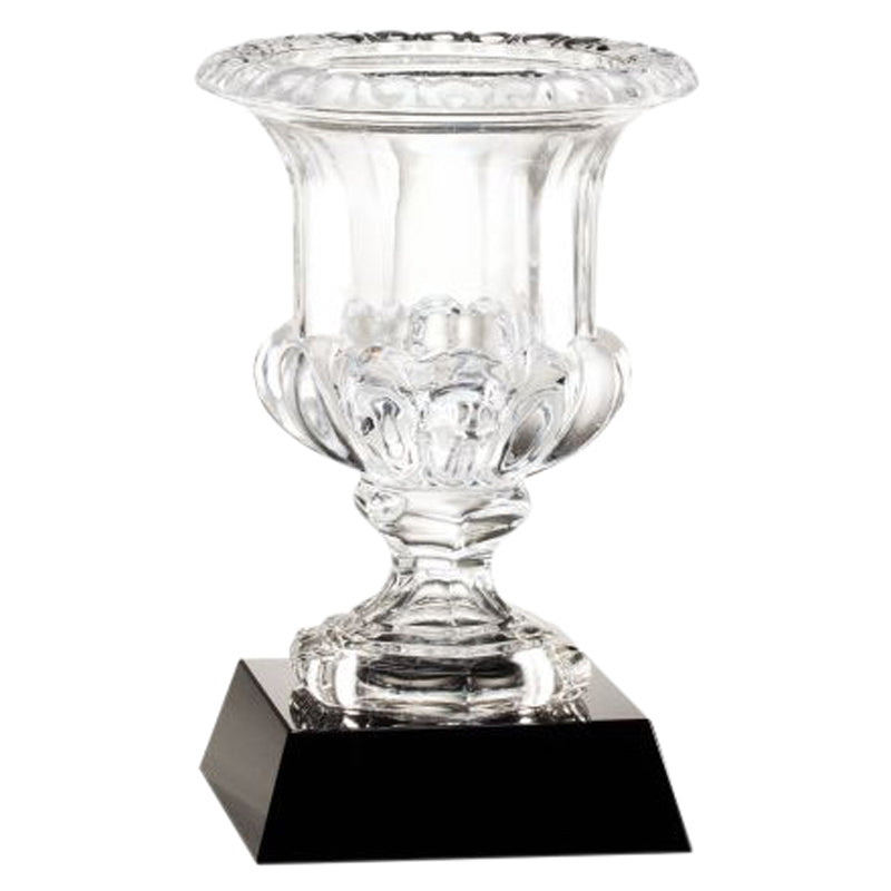 12 INCH HEIGHT HAND CUT CRYSTAL BOWL MOUNTED ON BLACK CRYSTAL BASE