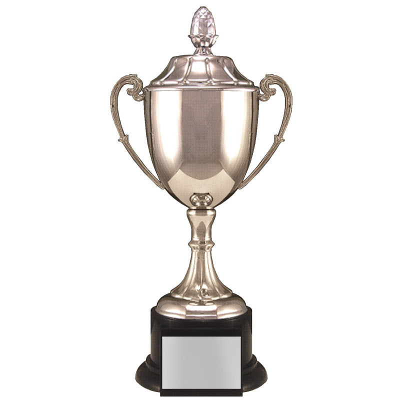 12 INCH NICKEL PLATED POLISHED SILVER TROPHY CUP ACORN TOP ON BLACK BASE