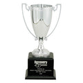 12 INCH TROPHY WITH 8-1/4 INCH SILVER CUP ON BLACK WOOD BASE