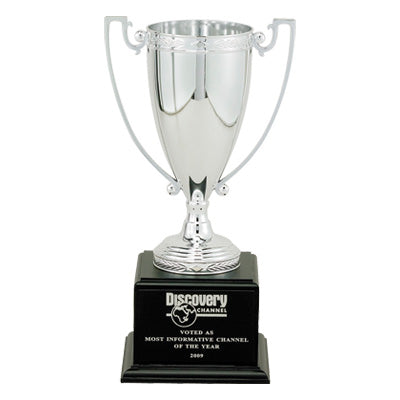 12 INCH TROPHY WITH 8-1/4 INCH SILVER CUP ON BLACK WOOD BASE
