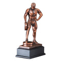 12 INCH MALE WEIGHT LIFTERTROPHY ANTIQUE BRONZE FINISH ON BLACK BASE WITH COPPER ENGRAVING PLATE