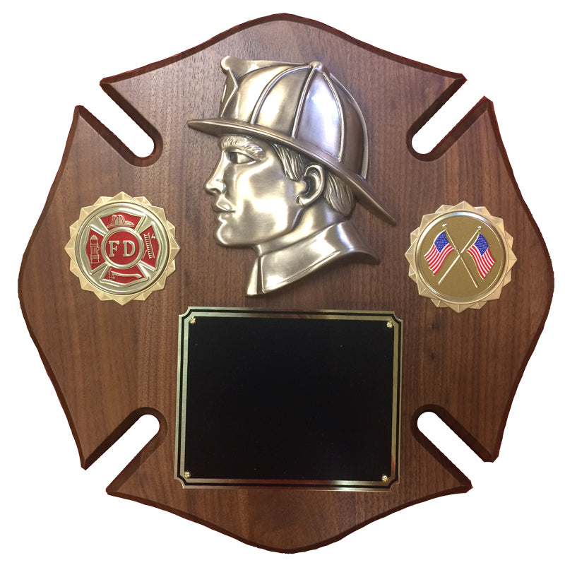12 X 12 INCH FIREMAN MALTESE CROSS WALNUT VENEER PLAQUE