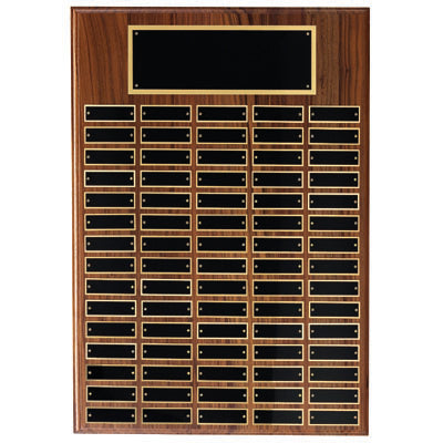 12 X 15 INCH MULTIPLE PLATE WALNUT FINISH PLAQUE WITH 24 BLACK SCREENED PLATES