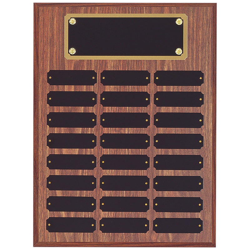 12 x 16 INCH WALNUT FINISH PERPETUAL PLAQUE WITH BLACK AND GOLD HEADER PLATE-24 NAME PLATES