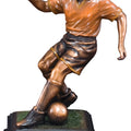 13-1/2 INCH ANTIQUE BRASS ELECTROPLATED MALE SOCCER TROPHY ON BLACK WOOD BASE