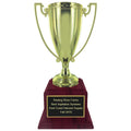 20 INCH HEIGHT BRIGHT GOLD METAL CUP TROPHY ON ROSEWOOD PIANO FINISH BASE